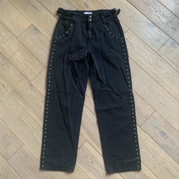 Current/Elliott Denim - Current/Elliot Black Cotton Studded Baggy Fit Adjustable Waist Buckle Jeans
